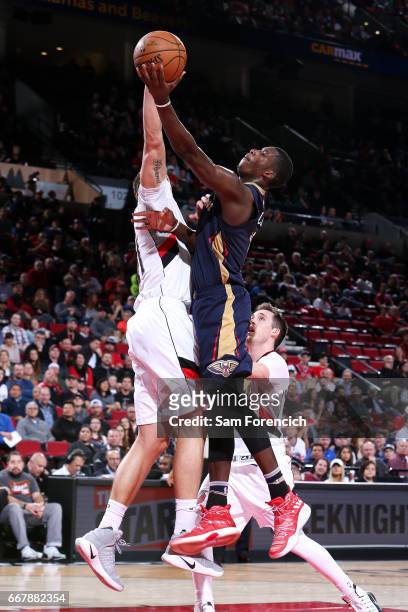Quincy Pondexter of the New Orleans Pelicans goes for a lay up during the game against the Portland Trail Blazers on April 12, 2017 at the Moda...