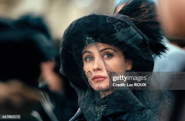 French actress Emmanuelle Beart on the set of the film Le Temps Retrouve, d'Apres l'Oeuvre de Marcel Proust , directed by Raoul Ruiz.