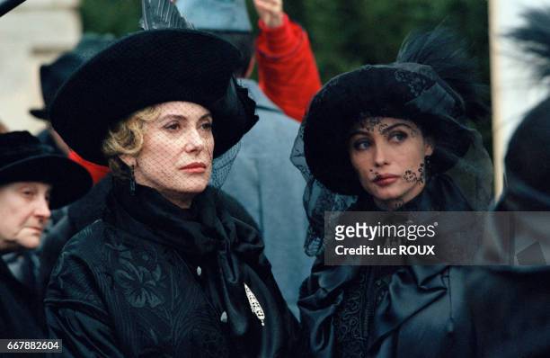 French actresses Catherine Deneuve and Emmanuelle Beart on the set of the film Le Temps Retrouve, d'Apres l'Oeuvre de Marcel Proust , directed by...