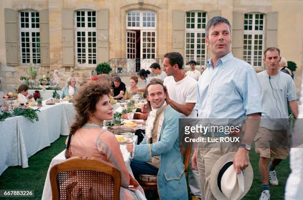 French actress Fanny Ardant, Swiss actor Vincent Perez, French director Gabriel Aghion on the set of Aghion's film Le Libertin .