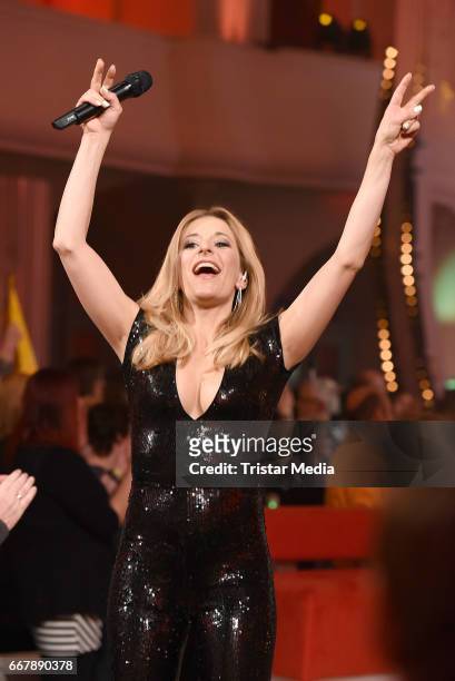 Stefanie Hertel performs during the show 'KULTHITS - Die Show mit 100% Livemusik' presented by Kim Fisher at Kongresshalle on April 12, 2017 in...