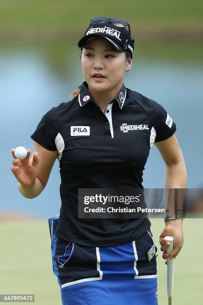 So Yeon Ryu of Republic of Korea reacts to a putt on the eighth green during the first round of the LPGA LOTTE Championship Presented By Hershey at...