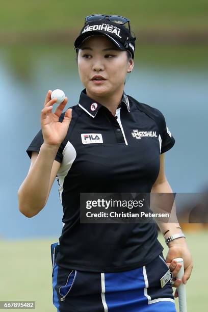 So Yeon Ryu of Republic of Korea reacts to a putt on the eighth green during the first round of the LPGA LOTTE Championship Presented By Hershey at...