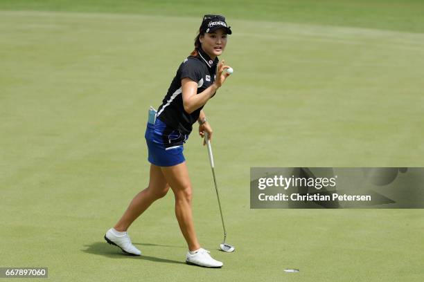 So Yeon Ryu of Republic of Korea reacts to a putt on the seventh green during the first round of the LPGA LOTTE Championship Presented By Hershey at...