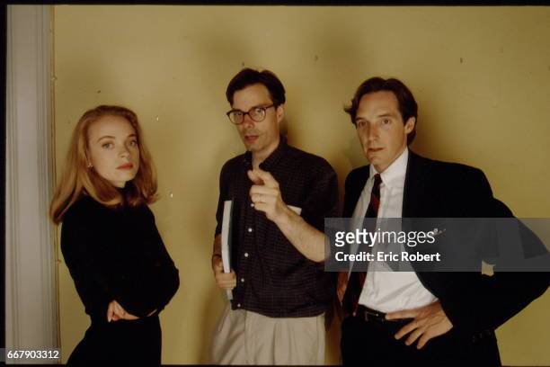 View of, from left, Australian actress Tushka Bergen, American film director Whit Stillman, and actor Taylor Nichols on the set of their film...