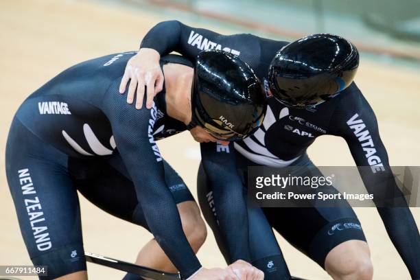 Ethan Mitchell of the team of New Zealand celebrates with teammate Edward Dawkins in Men's Team Sprint Finals match during day one of the 2017 UCI...