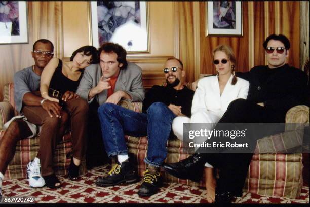 Actors of 'Pulp Fiction' from left: Samuel L Jackson, Maria de Medeiros, director Quentin Tarantino, Bruce Willis, Uma Thurman and John Travolta...