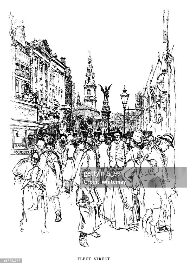 Crowds in Fleet Street, London (Victorian illustration)