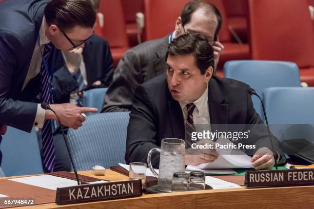 Russian Deputy Permanent Representative for Political Affairs Vladimir Safronkov is seen during the Council meeting. The United Nations Security...