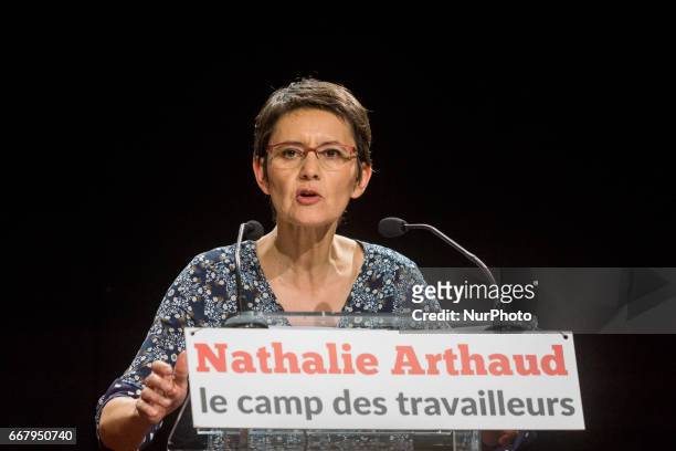Nathalie Arthaud, candidate in the presidential election of the party &quot;Lutte Ouvrière&quot; in meeting on April 12 in Lyon, France.
