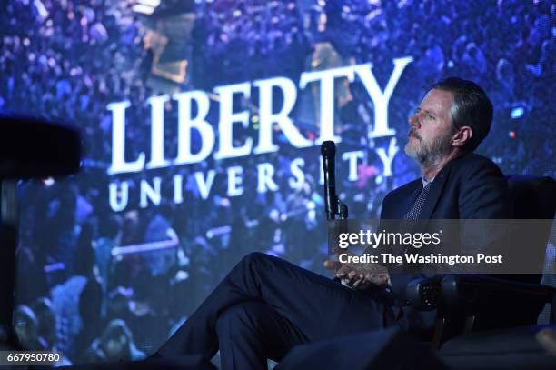 Liberty University President Jerry Falwell Jr. Is seen during a convocation at the Vines Center on the campus of Liberty University on Wednesday...