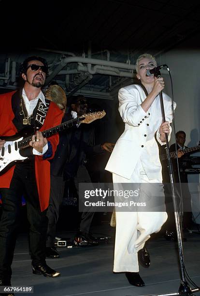 Dave Stewart and Annie Lennox performing in concert circa 1989 in New York City.