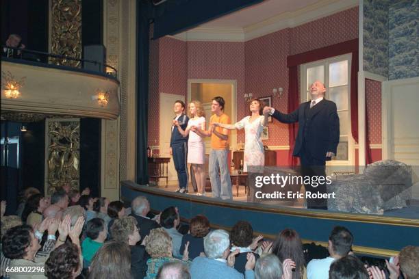 The cast greet the audience who came to see the 150th performance of 'Sous les pav{s la plage'