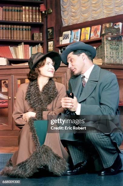 French comedians Marie Bunel and Samuel Labarthe on the set of "La Boutique au Coin de la Rue" at the Montparnasse theatre.