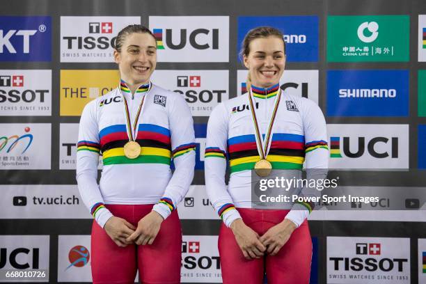 The team of Russia with Anastasiia Voinova and Daria Shmeleva celebrates winning in the Women's Team Sprint Final during day one of the 2017 UCI...