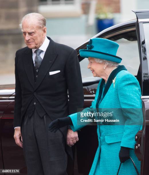 Queen Elizabeth II and Prine Philip, Duke of Edinburgh attend the Royal Maundy service at Leicester Cathedral on April 13, 2017 in Leicester,...