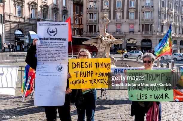Demonstrators protest in solidarity with the Syrian people and against US military attack against Syria in Barberini Square, on April 12, 2017 in...