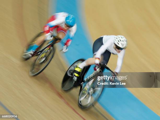 Anastasiia Voinova of Russia and Pauline Sophie Grabosch of Germany compete in the Women's Sprint 1/8 Final at the Hong Kong Velodrome on April 13,...