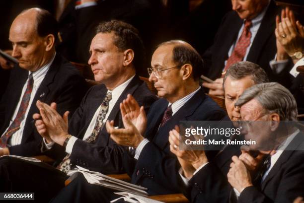 View of politicians as they applaud during President George HW Bush's State of the Union address before a joint session of Congress, Washington DC,...