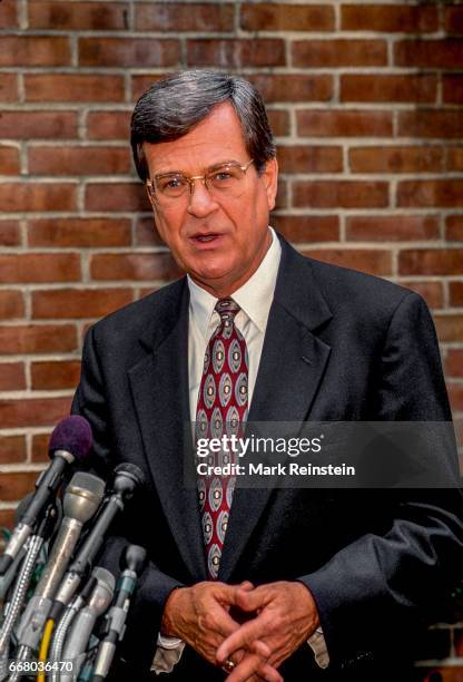 American politician US Senator Trent Lott speaks with the press outside CBS Studios, Washington DC, 1996. He was there for an appearance on 'Face the...