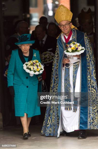 Queen Elizabeth II attends the Royal Maundy service at Leicester Cathedral on April 13, 2017 in Leicester, England. The Queen & Duke of Edinburgh...