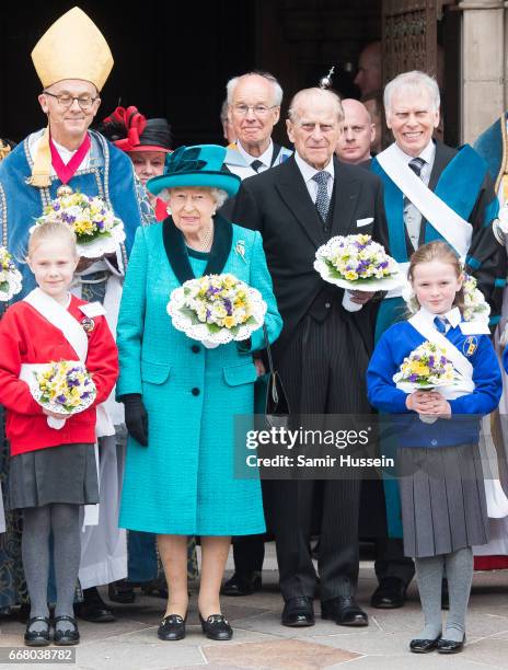 Queen Elizabeth II and Prince Philip, Duke of Edinburgh attend the Royal Maundy service at Leicester Cathedral on April 13, 2017 in Leicester,...
