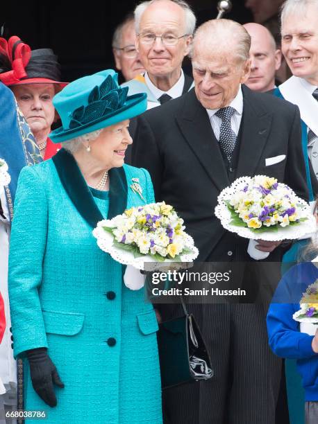 Queen Elizabeth II and Prince Philip, Duke of Edinburgh attend the Royal Maundy service at Leicester Cathedral on April 13, 2017 in Leicester,...