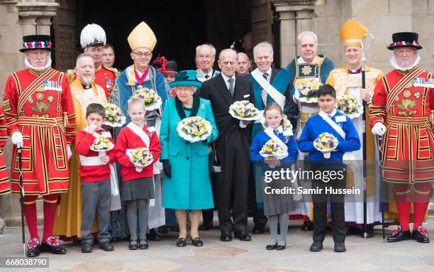 Queen Elizabeth II and Prince Philip, Duke of Edinburgh attend the Royal Maundy service at Leicester Cathedral on April 13, 2017 in Leicester,...