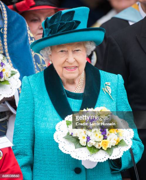 Queen Elizabeth II attends the Royal Maundy service at Leicester Cathedral on April 13, 2017 in Leicester, England. The Queen & Duke of Edinburgh...