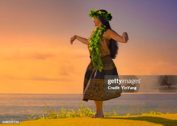 portrait of hawaiian hula dancer on the beach at sunset - hawaiian print dress stock pictures, royalty-free photos & images