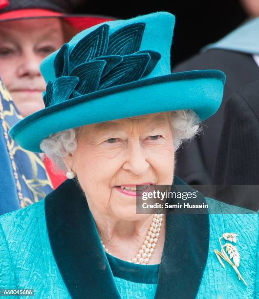 Queen Elizabeth II attends the Royal Maundy service at Leicester Cathedral on April 13, 2017 in Leicester, England. The Queen & Duke of Edinburgh...