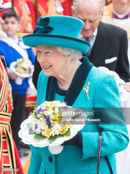 Queen Elizabeth II attends the Royal Maundy service at Leicester Cathedral on April 13, 2017 in Leicester, England. The Queen & Duke of Edinburgh...