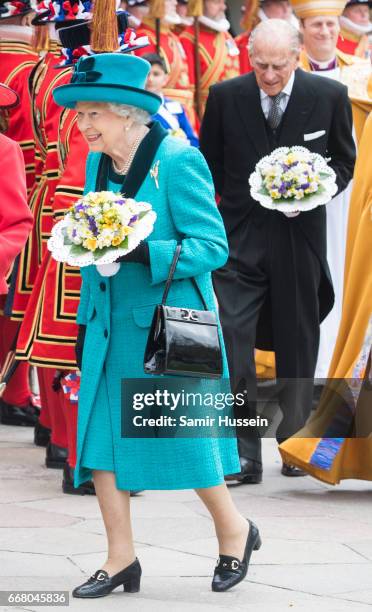 Queen Elizabeth II and Prince Philip, Duke of Edinburgh attend the Royal Maundy service at Leicester Cathedral on April 13, 2017 in Leicester,...