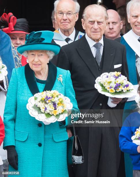 Queen Elizabeth II and Prince Philip, Duke of Edinburgh attend the Royal Maundy service at Leicester Cathedral on April 13, 2017 in Leicester,...