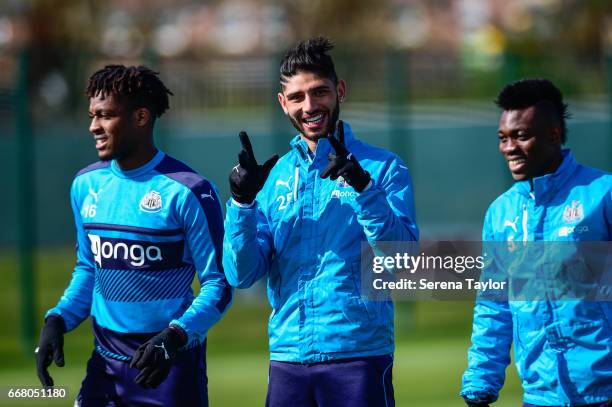 Achraf Lazaar smiles during the Newcastle United Training Session at The Newcastle United Training Centre on April 13, 2017 in Newcastle upon Tyne,...