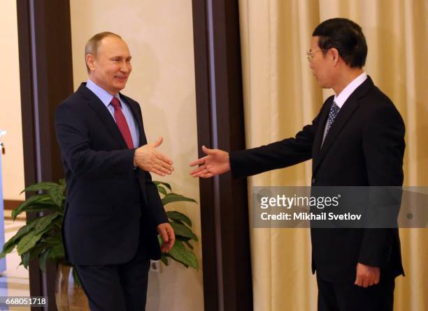 Russian President Vladimir Putin greets Chinese Vice Primier Zhang Gaoli during their meeting at the Novo-Ogaryovo State Residence on April 2017...