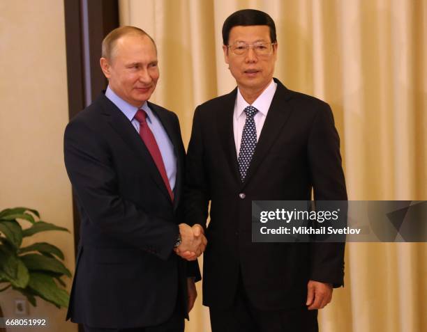 Russian President Vladimir Putin greets Chinese Vice Primier Zhang Gaoli during their meeting at the Novo-Ogaryovo State Residence on April 2017...