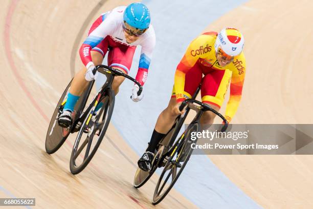 Anastasiia Voinova of the Russia team and Tania Calvo Barbero of the Spain team compete in the Women's Sprint - 1/16 Finals during 2017 UCI World...