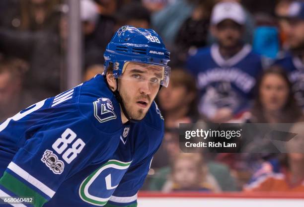 Nikita Tryamkin of the Vancouver Canucks during a break in NHL action against the Edmonton Oilers on April 8, 2017 at Rogers Arena in Vancouver,...