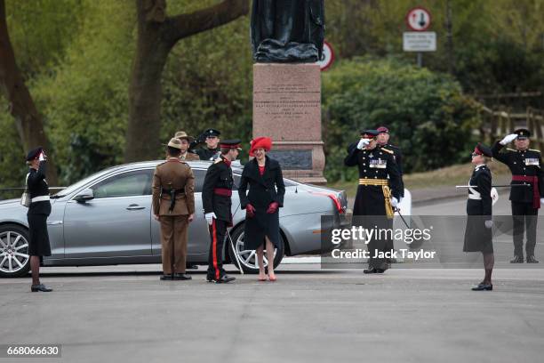 British Prime Minister Theresa May arrives for the Sovereign's Parade at Royal Military Academy Sandhurst on April 13, 2017 in Camberley, England. Ms...