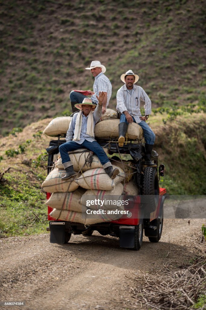Männer, die Säcke Kaffee im Auto transportieren