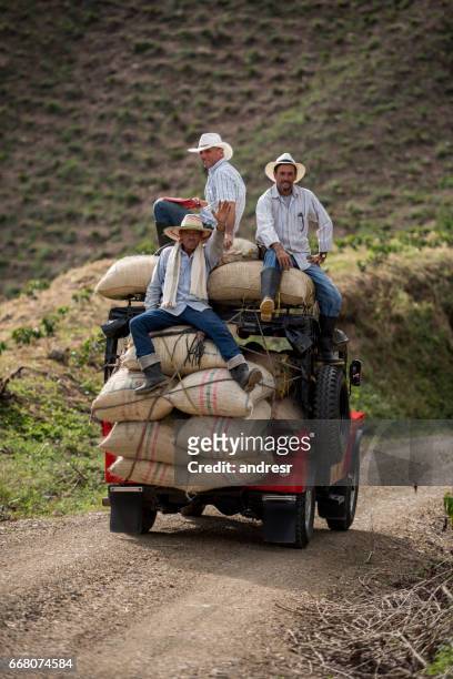 männer, die säcke kaffee im auto transportieren - colombia land stock-fotos und bilder