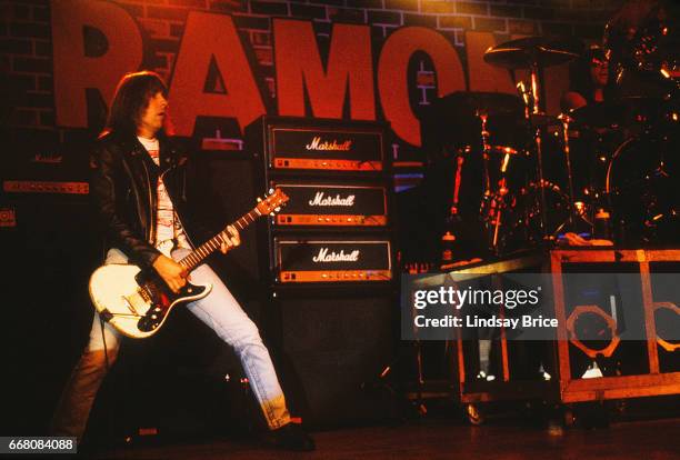 Johnny Ramone of the Ramones plays guitar with Marky Ramone on drums in performance at the Hollywood Palladium on October 14, 1992 in Los Angeles,...