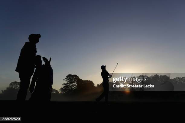 Luke List watches a shot on the 10th hole during the first round of the 2017 RBC Heritage at Harbour Town Golf Links on April 13, 2017 in Hilton Head...