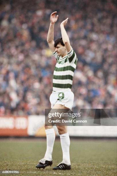 Glasgow Celtic striker Charlie Nicholas applauds the fans before a Scottish League match circa 1983 in Glasgow, Scotland.