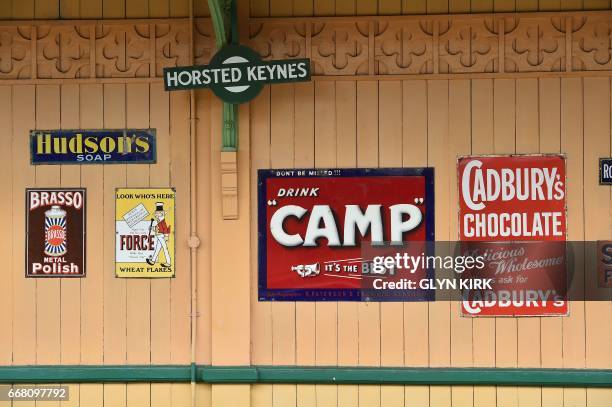 Antiquated signs are on show at Horsted Keynes railway station, a preserved station on the Bluebell Railway Line in East Sussex, southern England on...