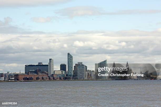 The Royal Liver Building adorns the skyline in front of the River Mersey on March 16, 2017 in Liverpool, England. Liverpool's iconic Royal Liver...