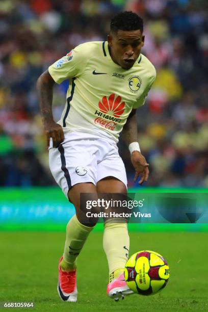 Michael Arroyo of America kicks the ball during the 10th round match between America and Necaxa as part of the Torneo Clausura 2017 Liga MX at Azteca...