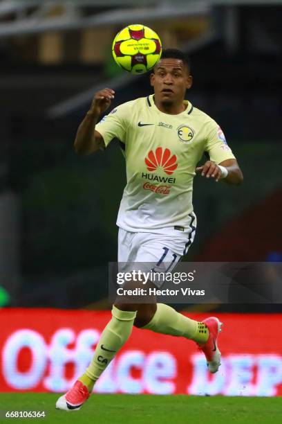 Michael Arroyo of America drives the ball during the 10th round match between America and Necaxa as part of the Torneo Clausura 2017 Liga MX at...