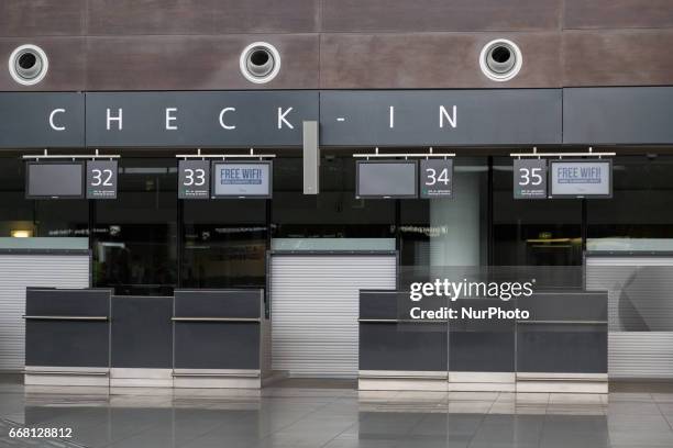 Check-in desk at Gdansk Lech Walesa Airport in Gdansk, Poland on 11 April 2017